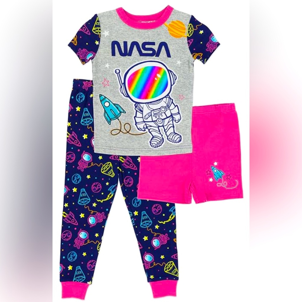 NWT NASA Girls' 3-Piece Cotton Pajama Set Galaxy Print | Navy | Toddler Size 4T